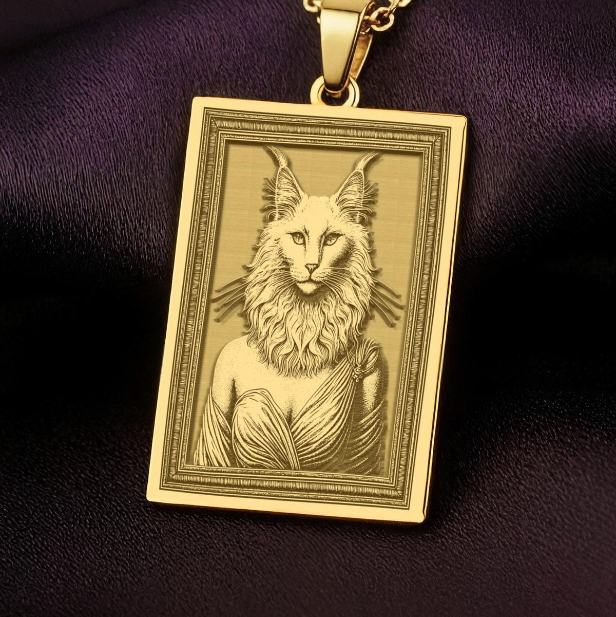 A handmade 14K gold plated rectangular necklace with a highly detailed engraving of a Turkish Angora cat woman. The anthropomorphic art shows the divine feline in elegant, regal attire.