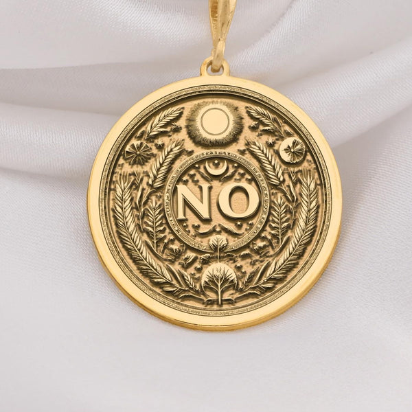 14K Solid Gold NO Medallion featuring powerful boundary affirmation with protective evil eye and botanical elements. Detailed empowerment talisman with moon, laurel wreath and spiritual symbols. Luxury self-advocacy jewelry gift.