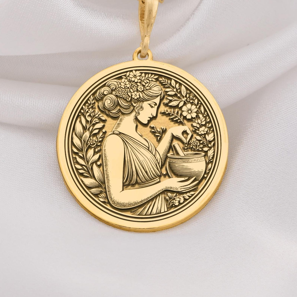 14K Solid Gold Panacea Goddess Medallion Pendant featuring Greek healing deity with medicinal bowl. Ancient medicine symbol with detailed floral wreath border. Luxury wellness jewelry gift with healing symbolism and intricate botanical elements.