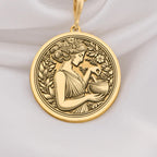 14K Solid Gold Panacea Goddess Medallion Pendant featuring Greek healing deity with medicinal bowl. Ancient medicine symbol with detailed floral wreath border. Luxury wellness jewelry gift with healing symbolism and intricate botanical elements.