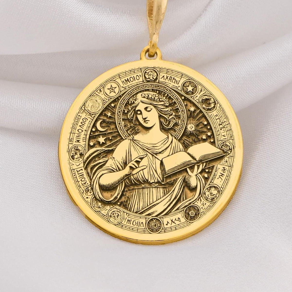 Greek Goddess Mnemosyne Necklace in 14K Solid Gold, symbolizing memory, wisdom, and inspiration. Perfect for mythology lovers and elegant gift occasions.