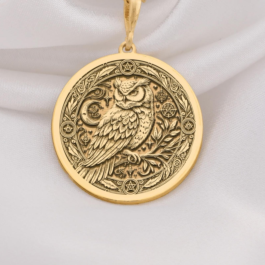14K Solid Gold Owl Pentagram Medallion featuring wisdom bird with mystical symbols. Detailed occult talisman with intricate feather work, celestial elements and sacred geometry. Luxury pagan jewelry gift.