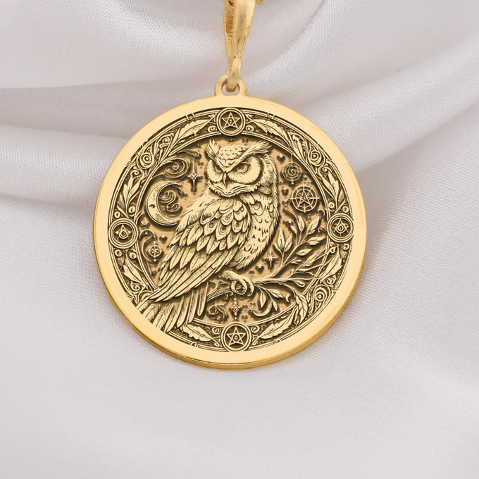 14K Solid Gold Owl Pentagram Medallion featuring wisdom bird with mystical symbols. Detailed occult talisman with intricate feather work, celestial elements and sacred geometry. Luxury pagan jewelry gift.