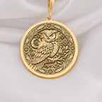 14K Solid Gold Owl Pentagram Medallion featuring wisdom bird with mystical symbols. Detailed occult talisman with intricate feather work, celestial elements and sacred geometry. Luxury pagan jewelry gift.