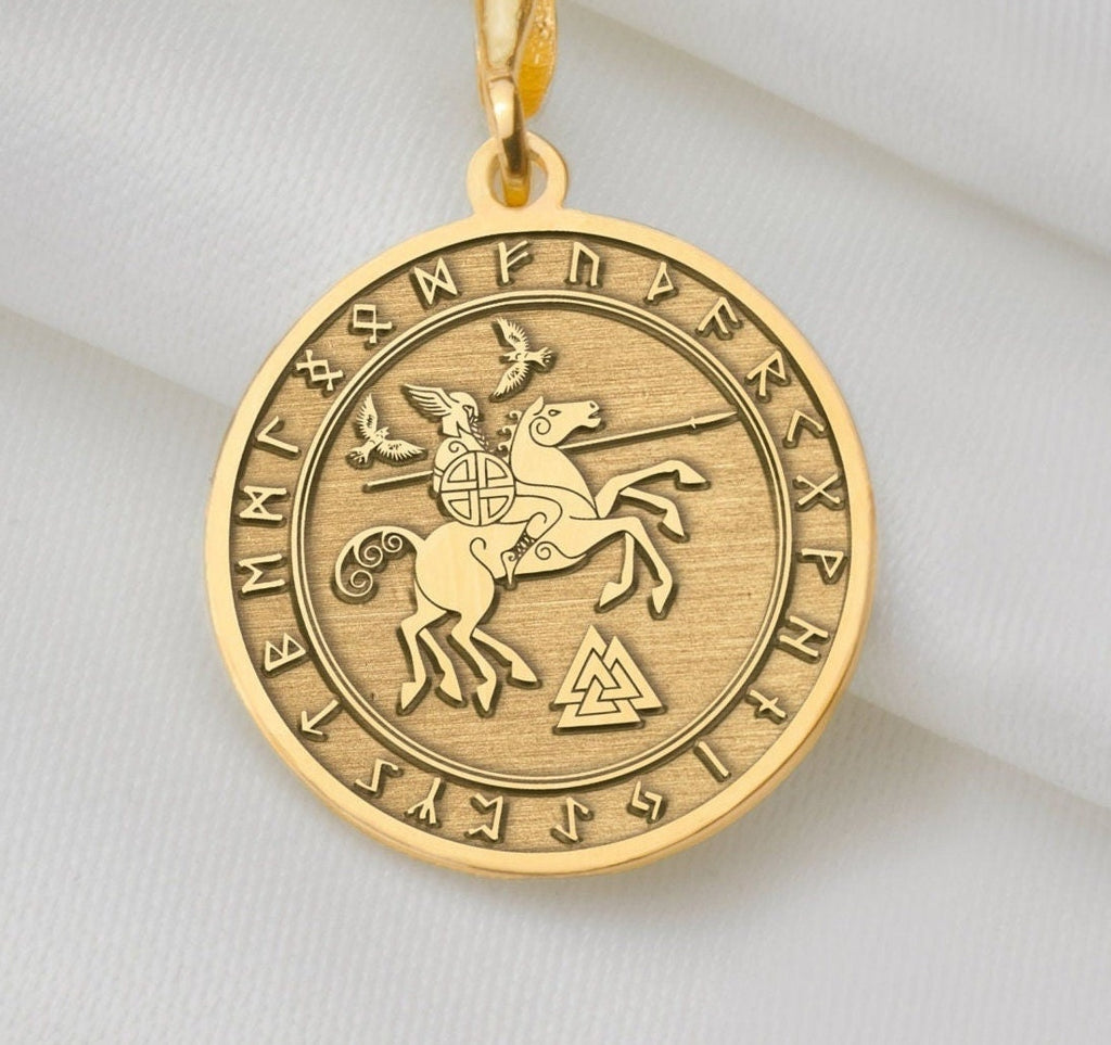 14K Solid Gold Odin Charm Necklace, Odin Silver Pendant, Rose Gold Odin Necklace, Celtic Jewelry, Wotan Medallion, Raven Talisman, Celt Gift