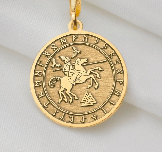 14K Solid Gold Odin Charm Necklace, Odin Silver Pendant, Rose Gold Odin Necklace, Celtic Jewelry, Wotan Medallion, Raven Talisman, Celt Gift