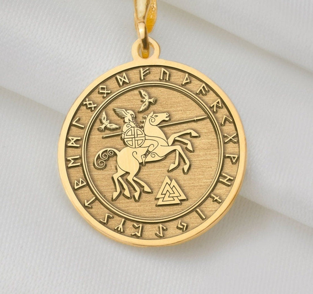 14K Solid Gold Odin Charm Necklace, Odin Silver Pendant, Rose Gold Odin Necklace, Celtic Jewelry, Wotan Medallion, Raven Talisman, Celt Gift