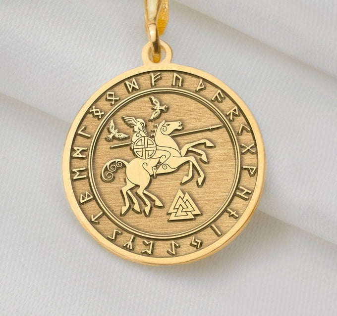 14K Solid Gold Odin Charm Necklace, Odin Silver Pendant, Rose Gold Odin Necklace, Celtic Jewelry, Wotan Medallion, Raven Talisman, Celt Gift