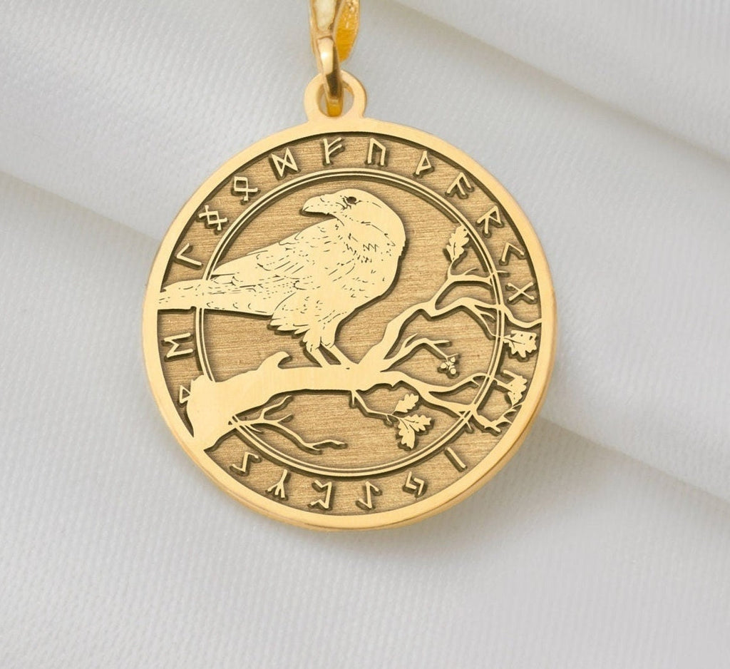 Gold Celtic raven necklace pendant, symbolizing wisdom and resilience. This dainty charm is crafted for everyday wear or layering, perfect for spiritual jewelry lovers. A unique gift, lightweight and versatile, inspired by Celtic lore and mysticism.