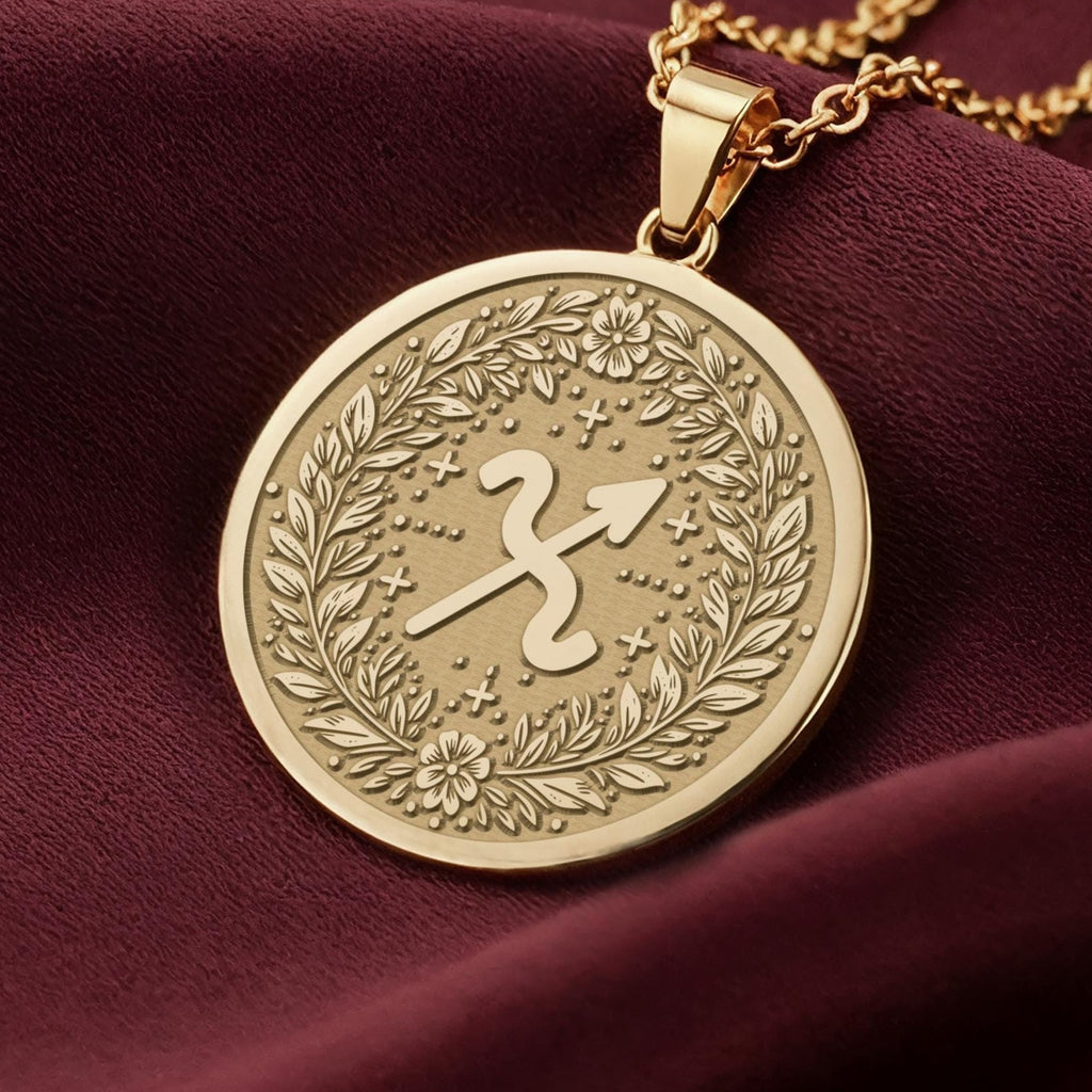 14K Solid Gold Sagittarius Zodiac Medallion with Sagittarius archer symbol (♐) and a laurel wreath border. A perfect personalized gift with optional back engraving. Detailed celestial horoscope jewelry