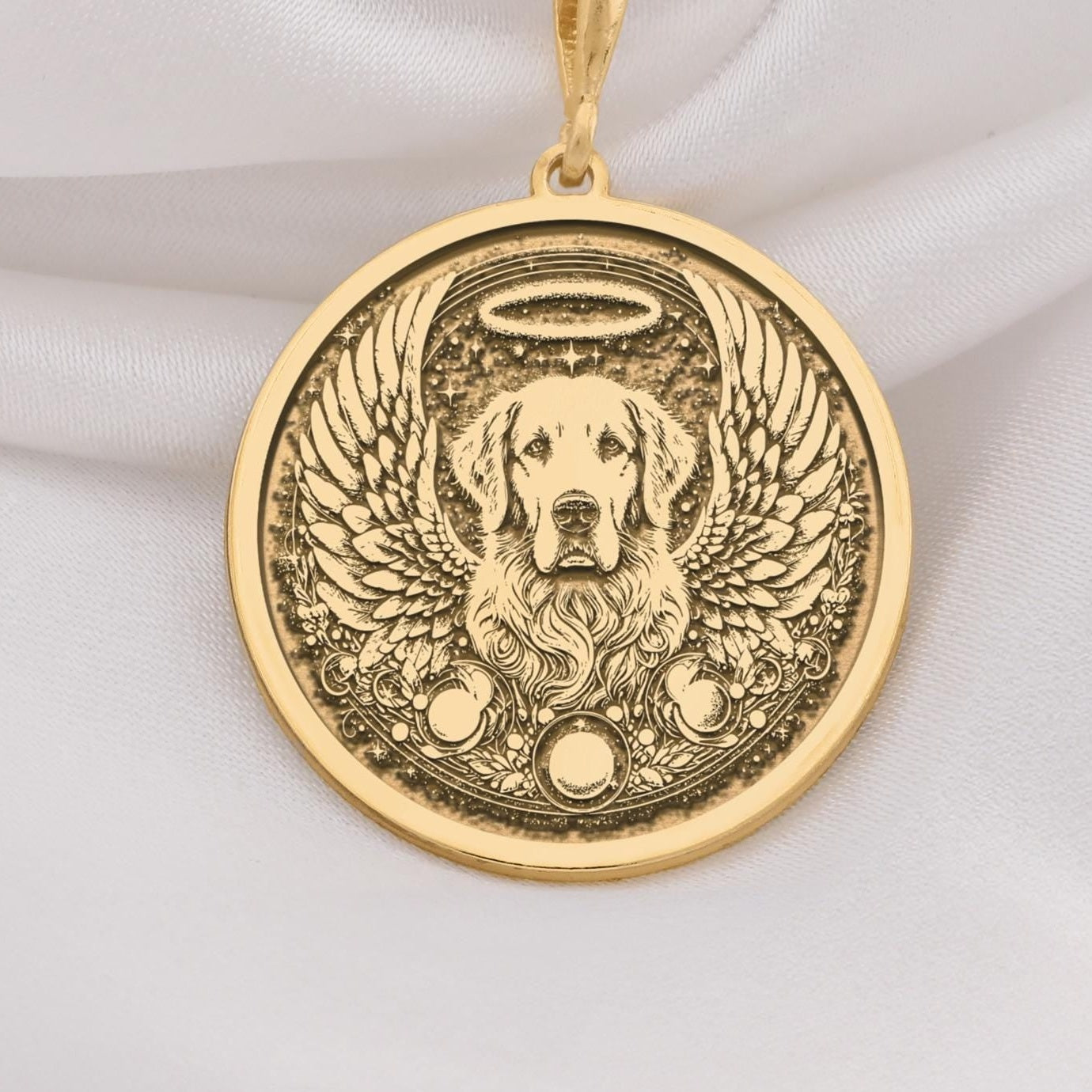 14K Solid Gold Golden Retriever Angel Dog Medallion featuring beloved loyal breed with heavenly wings and halo. Detailed memorial talisman with gentle expression, flowing coat and ornate celestial border. Luxury Golden memorial jewelry gift.