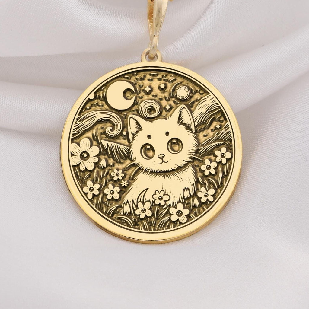 14k gold cat pendant inspired by Van Gogh’s art, featuring intricate details and a charming feline motif. Perfect as a gift for cat lovers, art enthusiasts, or anyone who loves unique, handmade jewelry.