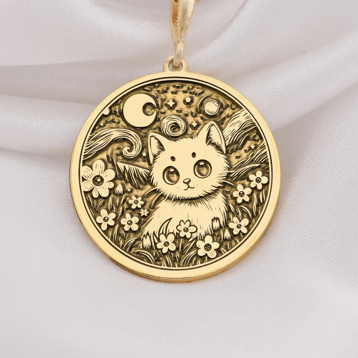 14k gold cat pendant inspired by Van Gogh’s art, featuring intricate details and a charming feline motif. Perfect as a gift for cat lovers, art enthusiasts, or anyone who loves unique, handmade jewelry.