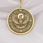 Horus Falcon Protection Pendant Necklaces 14K 14K Gold Plated pendant necklace featuring an eagle with wings design on a circular frame.