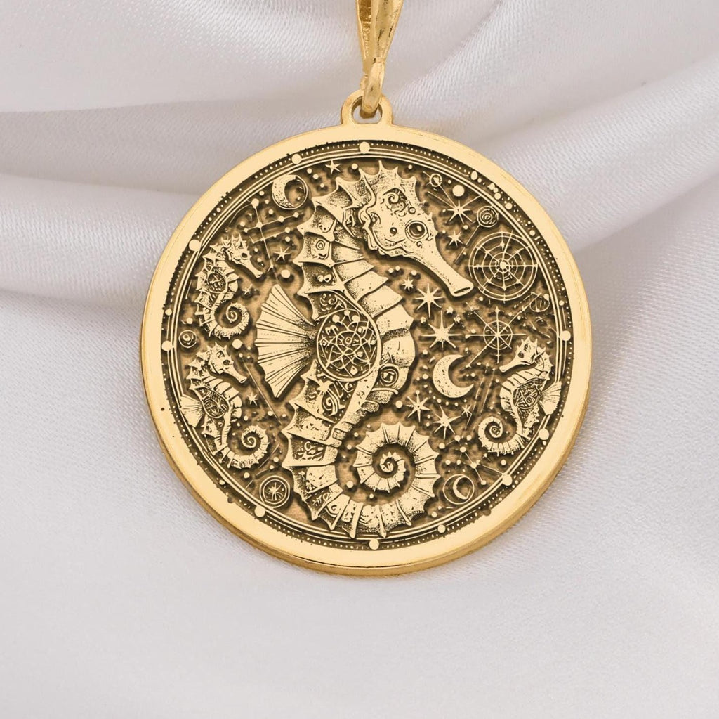 14k gold seahorse necklace featuring a detailed nautical design, perfect for ocean lovers and beach themed occasions, made with high quality solid gold.