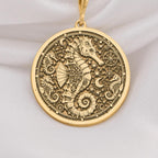 14k gold seahorse necklace featuring a detailed nautical design, perfect for ocean lovers and beach themed occasions, made with high quality solid gold.