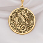 14k gold seahorse necklace featuring a detailed nautical design, perfect for ocean lovers and beach themed occasions, made with high quality solid gold.
