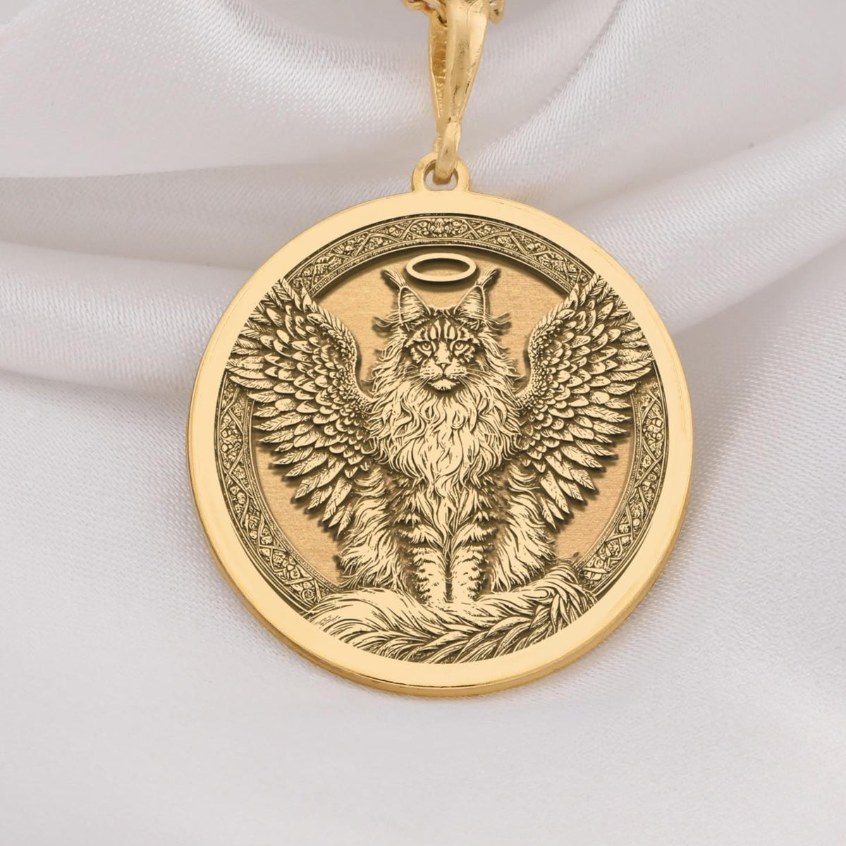 14K Solid Gold Maine Coon Angel Cat Medallion featuring beloved large breed feline with heavenly wings and halo. Detailed memorial talisman with distinctive long fur, tufted ears and radiant background. Luxury Maine Coon memorial jewelry