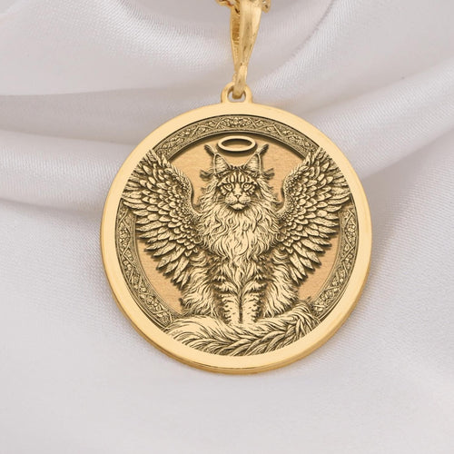 14K Solid Gold Maine Coon Angel Cat Medallion featuring beloved large breed feline with heavenly wings and halo. Detailed memorial talisman with distinctive long fur, tufted ears and radiant background. Luxury Maine Coon memorial jewelry