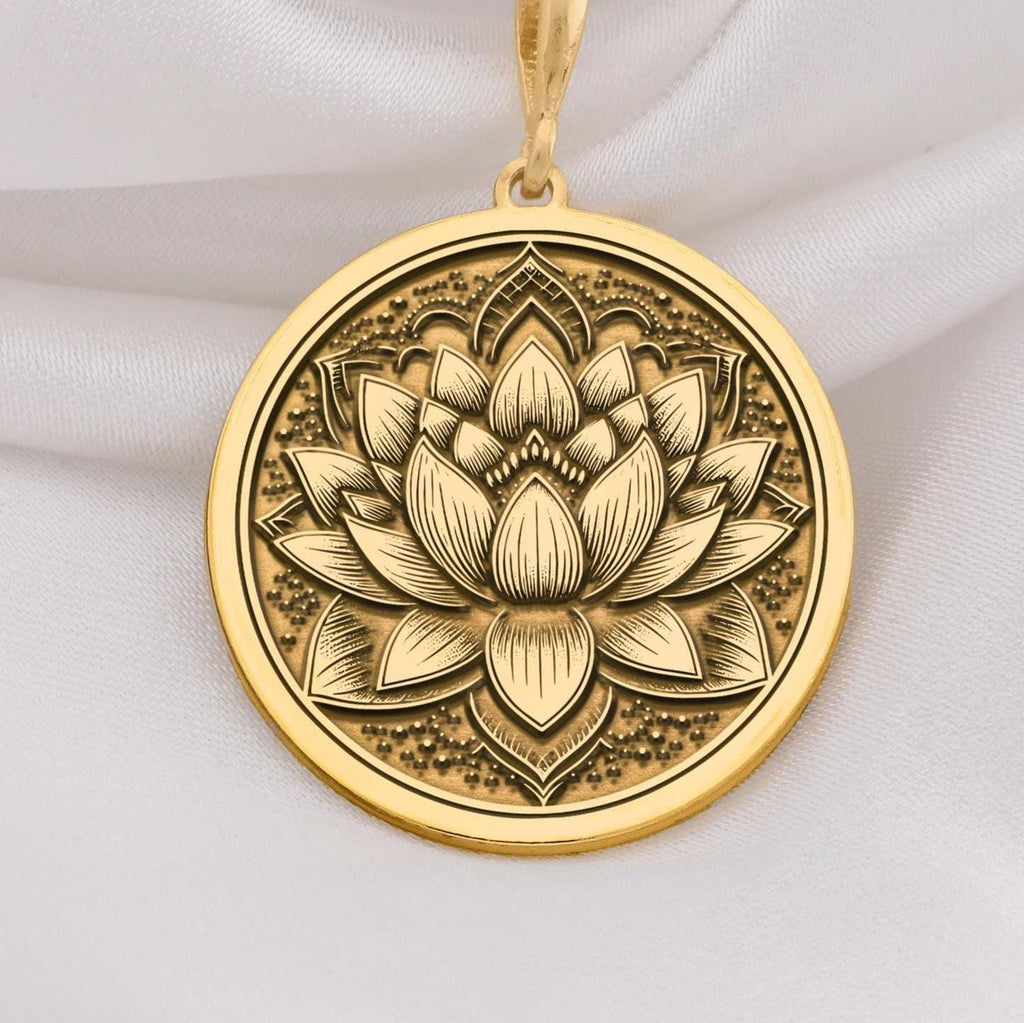 14K Gold Lotus Flower Necklace, a minimalist pendant symbolizing purity and growth. Perfect as a spiritual gift for women or yoga enthusiasts. Handcrafted with timeless design, ideal for weddings, anniversaries, and everyday wear.