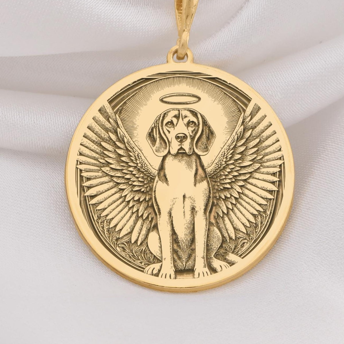 14K Solid Gold Beagle Angel Dog Medallion featuring beloved hound breed with heavenly wings and halo. Detailed memorial talisman with distinctive tri-color coat, floppy ears and radiant background. Luxury Beagle memorial jewelry gift