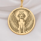 14K Solid Gold Beagle Angel Dog Medallion featuring beloved hound breed with heavenly wings and halo. Detailed memorial talisman with distinctive tri-color coat, floppy ears and radiant background. Luxury Beagle memorial jewelry gift