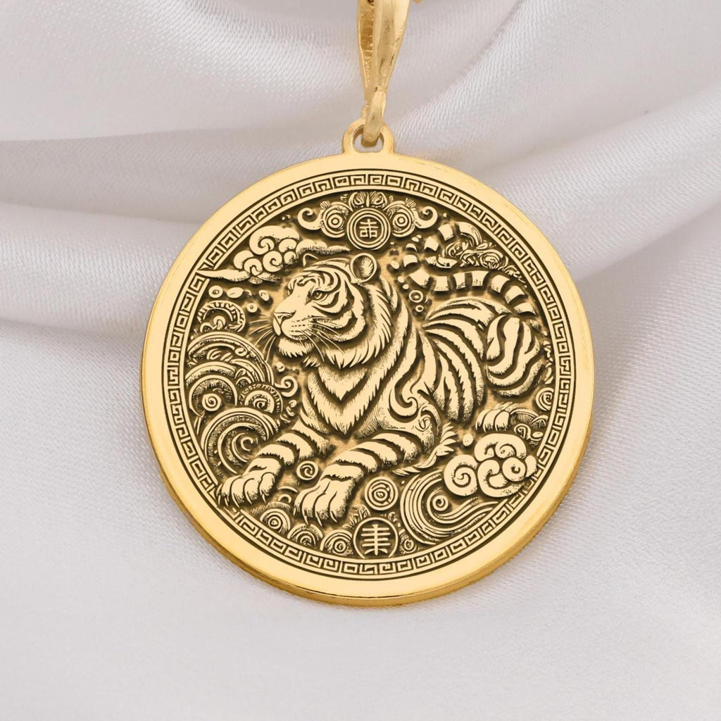 14K Solid Gold Chinese Zodiac Tiger pendant, featuring a majestic tiger with celestial elements. A bold and symbolic gold zodiac medallion representing strength and courage.
