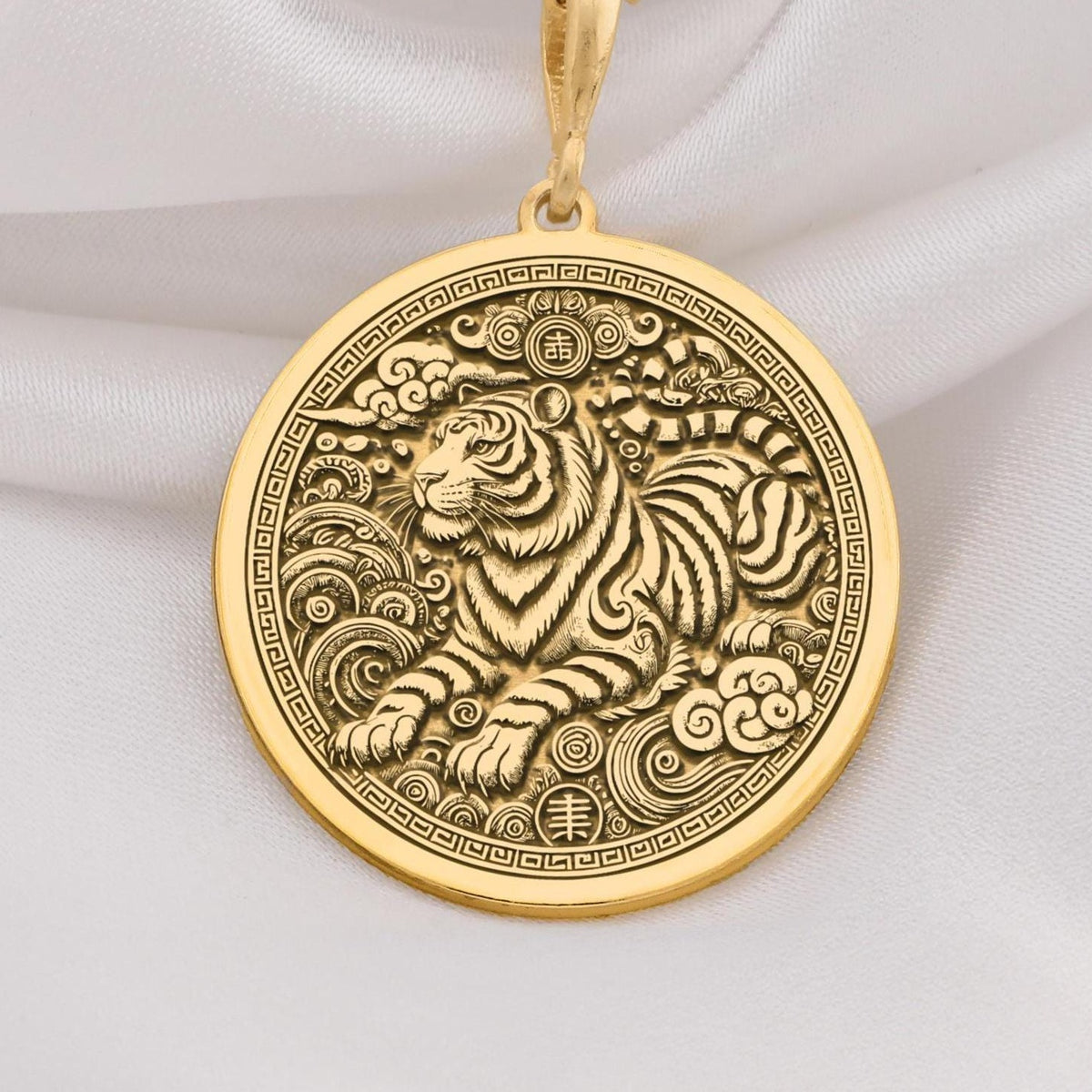 14K Solid Gold Chinese Zodiac Tiger pendant, featuring a majestic tiger with celestial elements. A bold and symbolic gold zodiac medallion representing strength and courage.