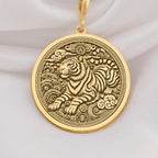 14K Solid Gold Chinese Zodiac Tiger pendant, featuring a majestic tiger with celestial elements. A bold and symbolic gold zodiac medallion representing strength and courage.