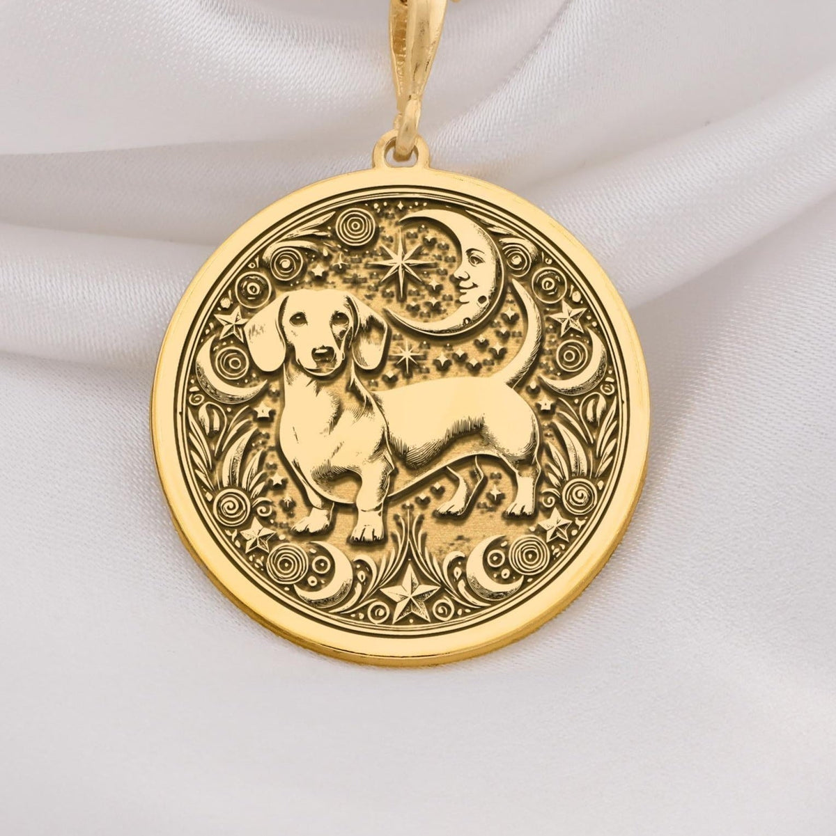 Beautiful 14K Solid Gold dachshund necklace featuring a celestial and floral medallion design. A thoughtful gift for wiener dog lovers and loyal pet owners.