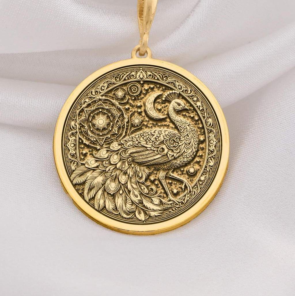 Exquisite 14K Solid Gold peacock necklace with mandala and celestial engravings. A symbolic and elegant bird pendant for women.