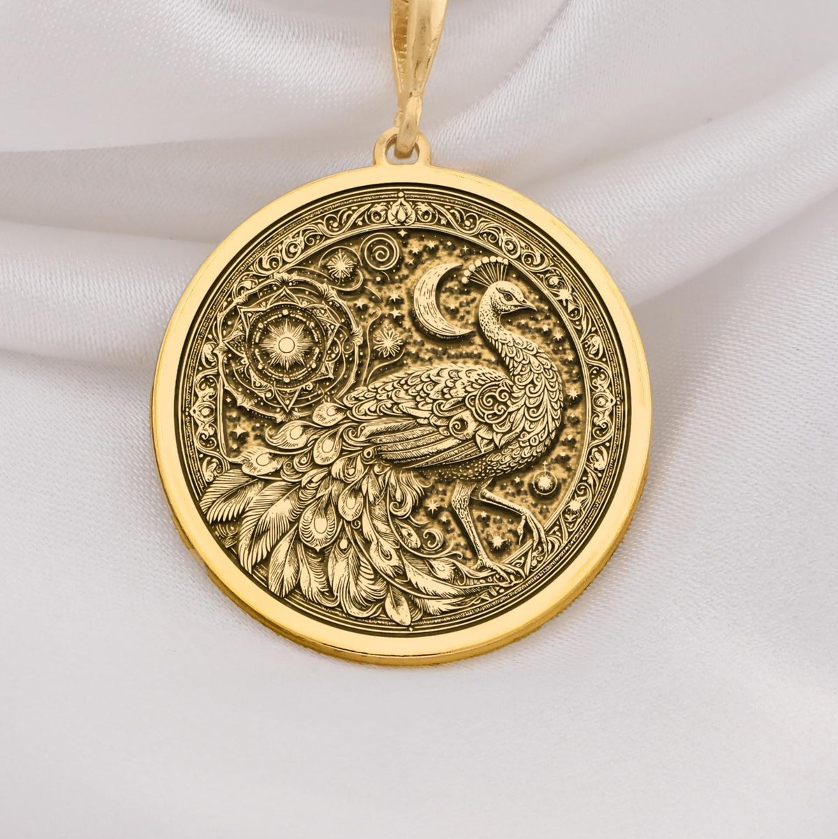 Exquisite 14K Solid Gold peacock necklace with mandala and celestial engravings. A symbolic and elegant bird pendant for women.