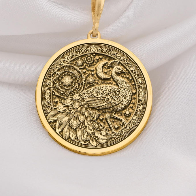 Exquisite 14K Solid Gold peacock necklace with mandala and celestial engravings. A symbolic and elegant bird pendant for women.