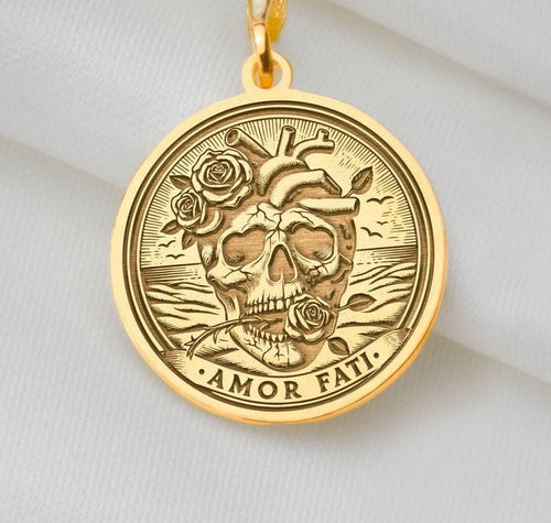 Gold Amor Fati coin pendant necklace, symbolizing resilience and acceptance. This dainty, handcrafted charm suits daily wear or layering. A unique 14k gold gift, lightweight and boho-inspired, blending minimalist elegance with the philosophy