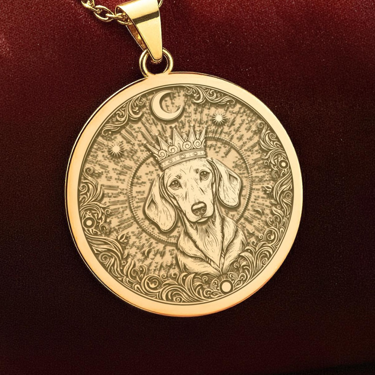 An heirloom-quality 14K solid gold Dachshund King medallion. The art shows the crowned dog, symbolizing his royal status, a precious gift for a Doxie mom.