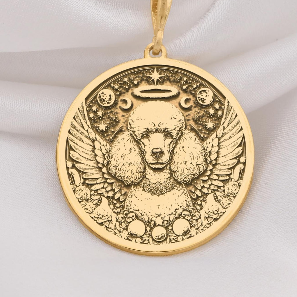 14K Solid Gold Poodle Angel Dog Medallion featuring beloved curly-coated breed with heavenly wings and halo. Detailed memorial talisman with distinctive poodle cut, celestial stars and peaceful expression. Luxury Poodle memorial jewelry gift