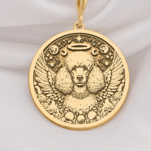 14K Solid Gold Poodle Angel Dog Medallion featuring beloved curly-coated breed with heavenly wings and halo. Detailed memorial talisman with distinctive poodle cut, celestial stars and peaceful expression. Luxury Poodle memorial jewelry gift