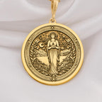 Hestia Goddess Hearth Pendant Necklaces 14K 14K Gold Plated pendant necklace featuring a draped female figure surrounded by a wreath design.