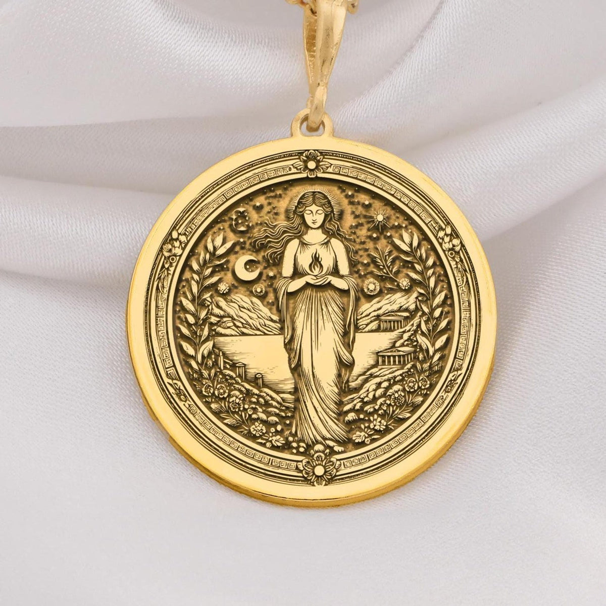14K Gold Hestia Goddess Necklace inspired by Greek mythology, featuring the Goddess of Hearth and Home. Perfect for mythology lovers, birthdays, or anniversary gifts. Timeless jewelry for women with a symbolic meaning.