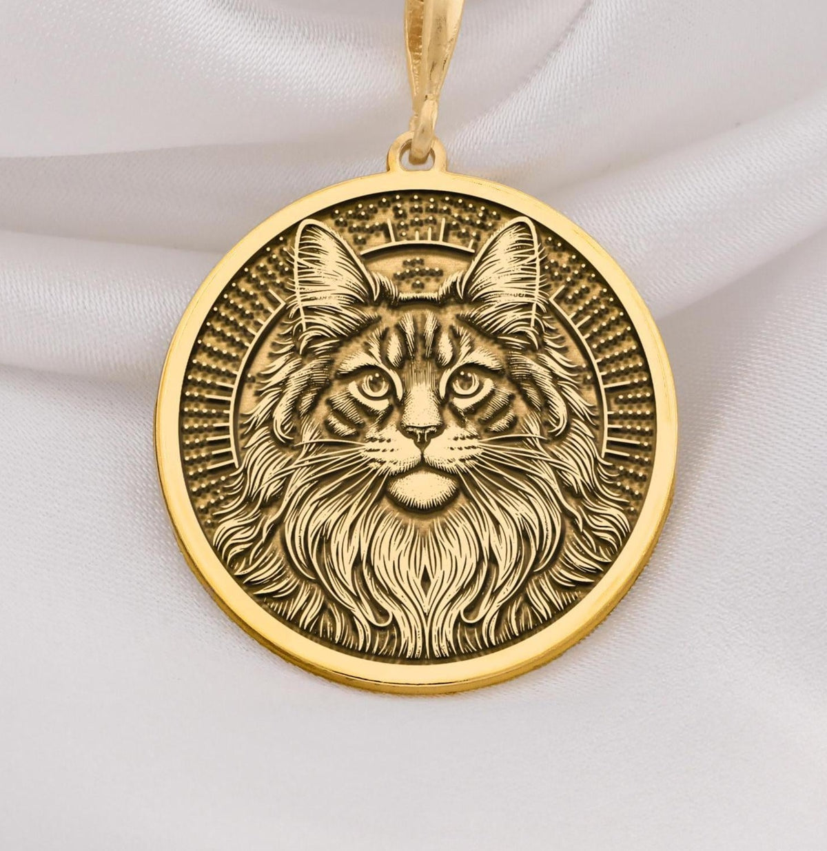 Maine Coon Cat Spirit Animal Medallion Necklaces 14K 14K Gold Plated pendant necklace featuring a detailed cat face with a crown design.