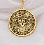 Maine Coon Cat Spirit Animal Medallion Necklaces 14K 14K Gold Plated pendant necklace featuring a detailed cat face with a crown design.