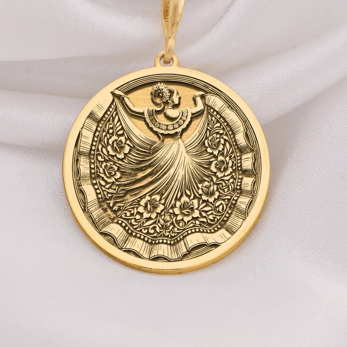 14K Solid Gold Mexican dancer necklace with intricate folkloric dress engraving, ideal for gifting or cultural jewelry lovers.