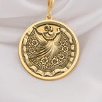 14K Solid Gold Mexican dancer necklace with intricate folkloric dress engraving, ideal for gifting or cultural jewelry lovers.