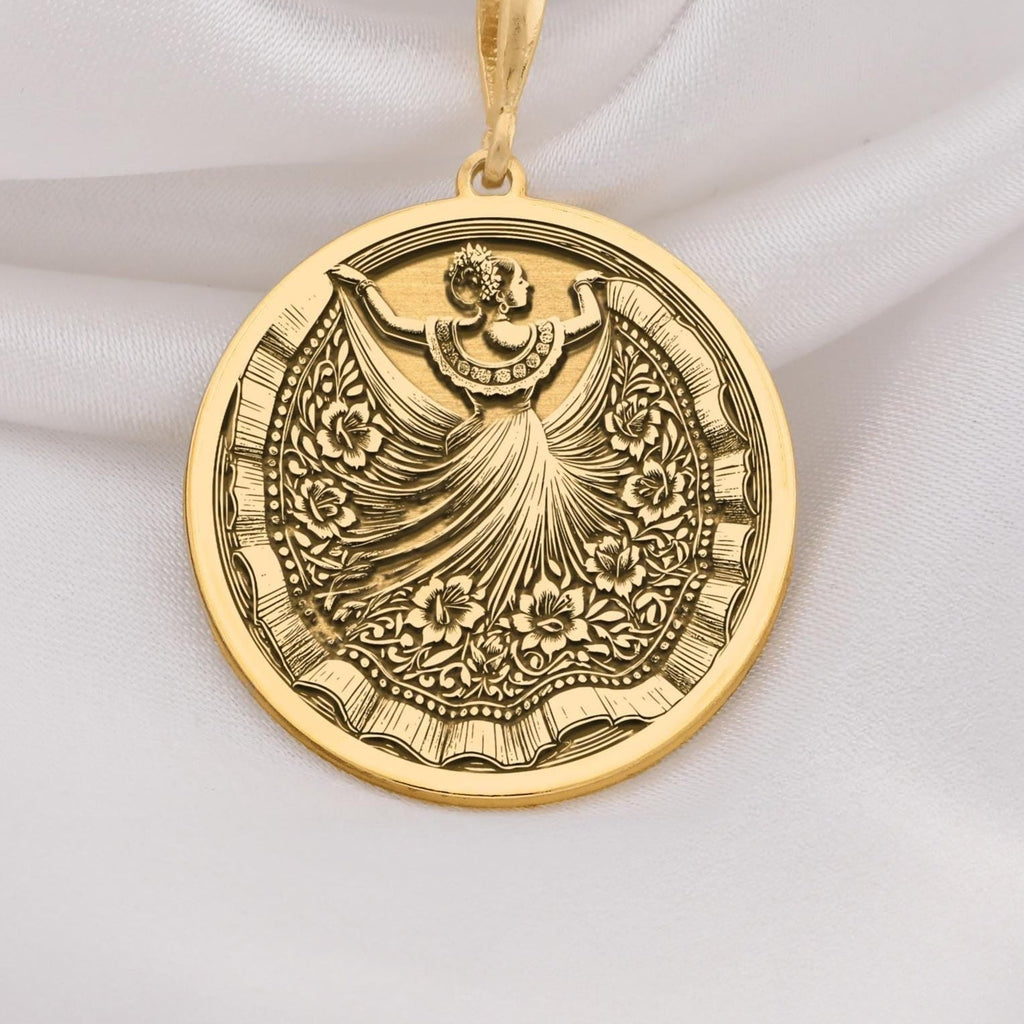 14K Solid Gold Mexican dancer necklace with intricate folkloric dress engraving, ideal for gifting or cultural jewelry lovers.