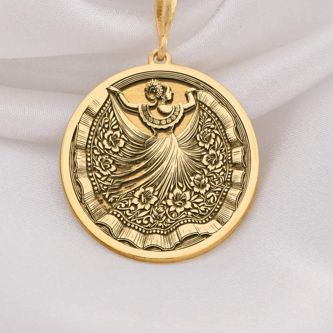 14K Solid Gold Mexican dancer necklace with intricate folkloric dress engraving, ideal for gifting or cultural jewelry lovers.