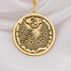 14K Solid Gold Mexican dancer necklace with intricate folkloric dress engraving, ideal for gifting or cultural jewelry lovers.