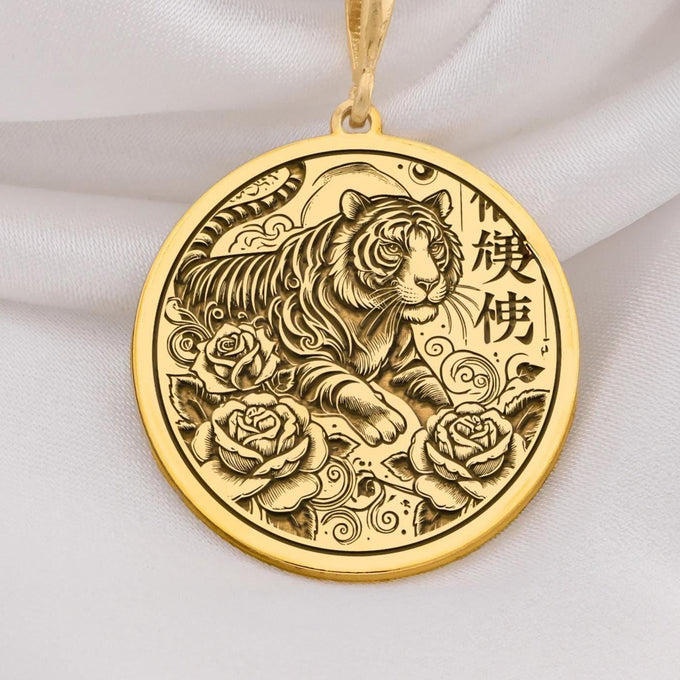 14K Gold Tiger Pendant Necklace featuring a detailed tiger and floral design, perfect for men and women. A unique piece of animal inspired jewelry, ideal for birthdays, anniversaries, or as a Chinese Zodiac gift.