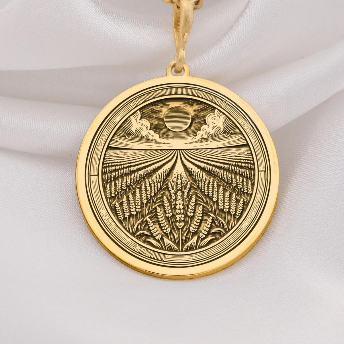 Lavender Field Floral Sun Coin Pendant Necklaces 14K 14K Gold Plated round pendant featuring a detailed wheat field and sun design necklace