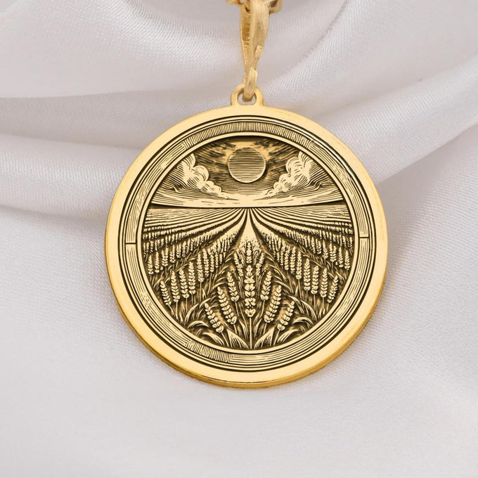 Lavender Field Floral Sun Coin Pendant Necklaces 14K 14K Gold Plated round pendant featuring a detailed wheat field and sun design necklace