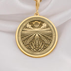 Lavender Field Floral Sun Coin Pendant Necklaces 14K 14K Gold Plated round pendant featuring a detailed wheat field and sun design necklace